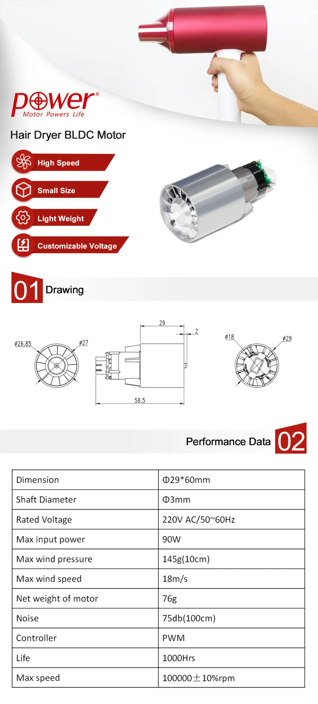 220V High Speed and High Efficiency Brushless DC Motor for Hair Dryer BLDC Motor